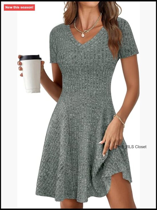 Dresses & Skirts - Ribbed Knit V-Neck A-Line Mini Dress Casual Summer Swing